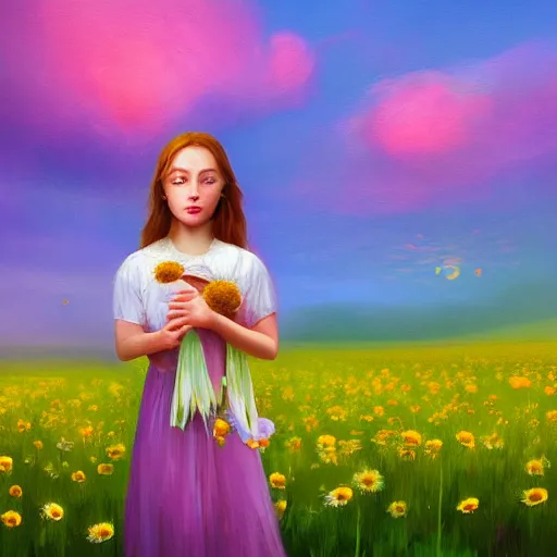 Prompt: daisy flower for a face, portrait of girl in flower field, holding daisy, surreal photography, sunrise, impressionist painting, colorful clouds, digital painting, artstation, simon stalenhag, flower face