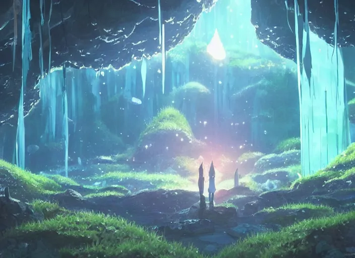 Prompt: Inside a magical cavern with bioluminescent mushrooms, peaceful and serene, incredible perspective, soft lighting, anime scenery by Makoto Shinkai and studio ghibli, very detailed