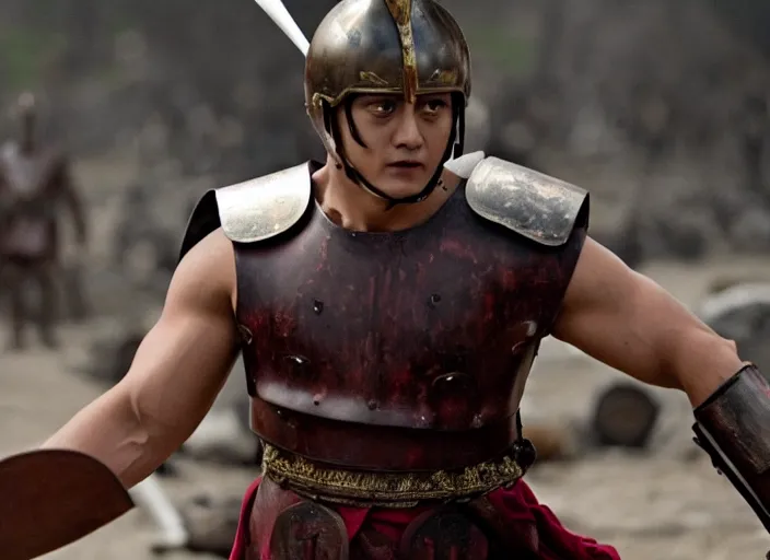 Image similar to film still of jungkook as leonidas in 3 0 0 movie, 8 k