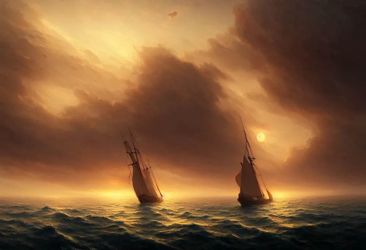 Image similar to strange sea surface of autumn planet at sunset, sailing ship on horizon, ultra high definition, ultra detailed, symmetry, fog, matte painting, by greg rutkowski and ross tran and wlop