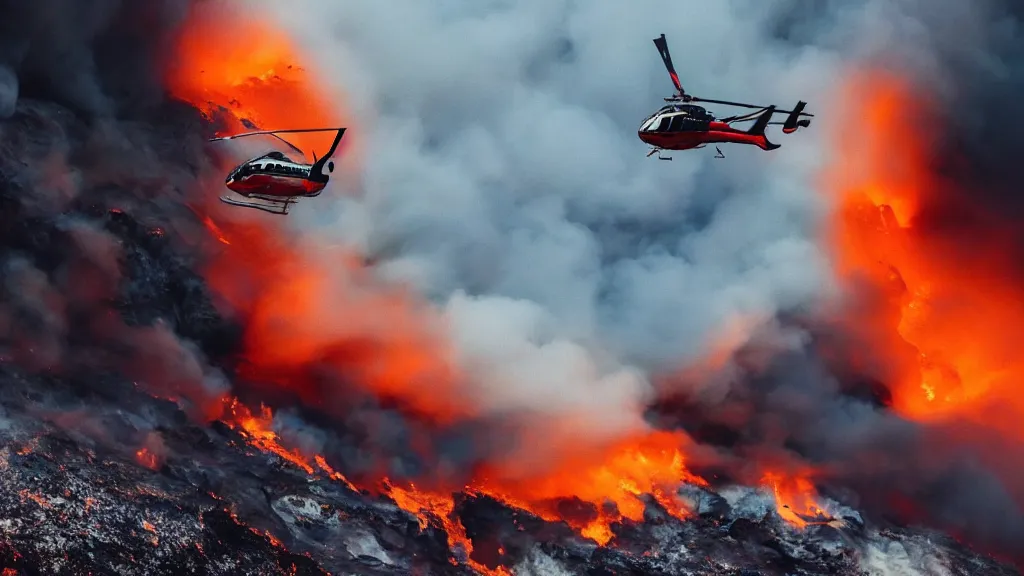 Prompt: person wearing a sponsored team jersey with logos jumping out of a helicopter with a surfboard into a volcano, action shot, dystopian, thick black smoke and fire, sharp focus