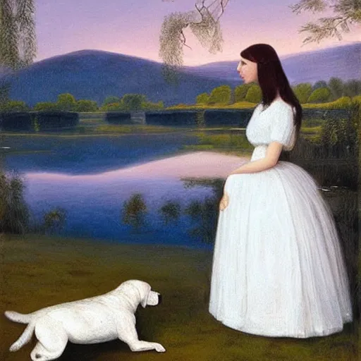 Image similar to two beautiful girls wearing white dresses beautiful faces a dog john martin landscape lake evening