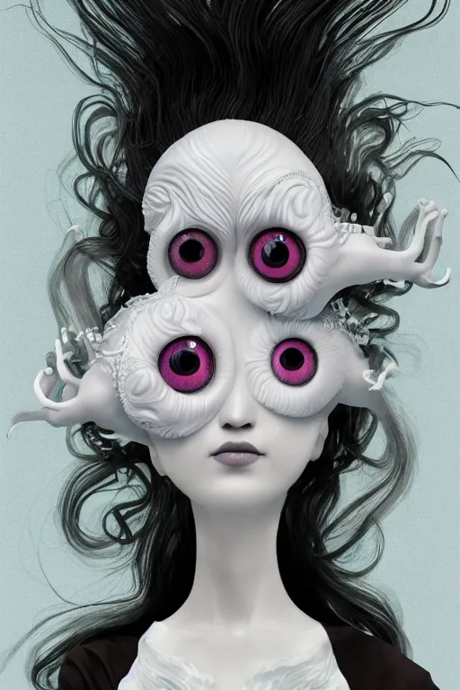 Image similar to 3 d full head and shoulders beautiful white porcelain woman with white big eyeballs all through her hair, ornate detailed hair, 3 d swirling hair by theodor seuss geisel and daniel arsham and xiang duan, simon stalenhag, kim jung gi, on a white background