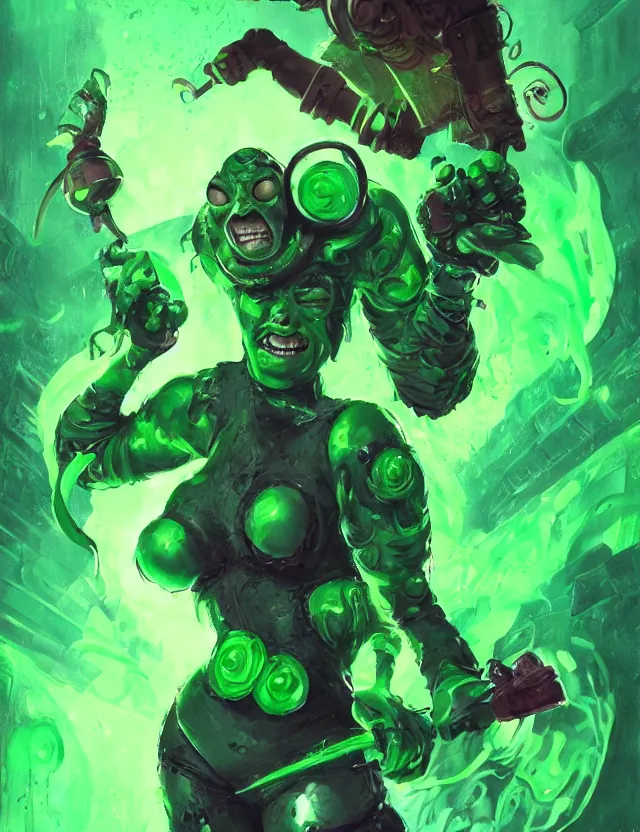 Prompt: toxic avenger in jade coloured cyberpunk toxic slime with green flames, by frank fazetta and peter mohrbacher, trending on artstation, digital art, 4 k resolution, detailed, high quality, hq artwork, character concept, character full body portrait, leather boots