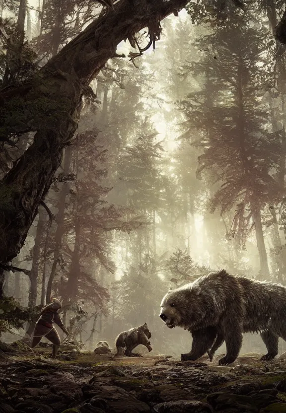 Prompt: a party of adventurers are attacked by a dire wolf and bear in a forest glade, digital art, greg rutkowski, junju ito, unreal engine, octane render, cinematic lighting, highly detailed