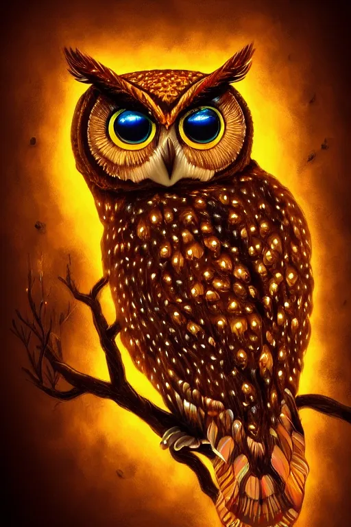 Image similar to glowing owl, amber, beautiful colours, highly detailed, digital art, sharp focus, trending on art station