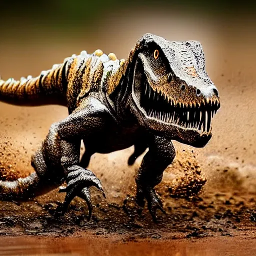 Prompt: action photography, long shot, award winning macro photo of an ultra detailed intricate muddy dinosaur running very fast in mud, dirt and dust, fast shutter speed, motion blur, tiny gaussian blur, highly detailed, highly intricate, depth of field, national geographic