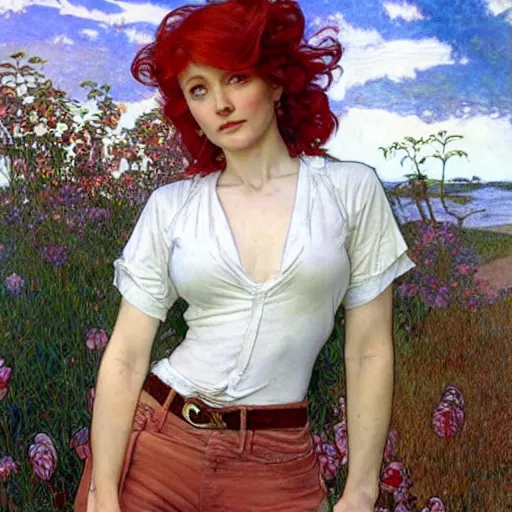 Prompt: A woman with red hair and long pixie haircut in shorts and white shirt drawn by Donato Giancola and Jon Foster, Frank Frazetta, Alphonse Mucha, background by James Jean and Gustav Klimt