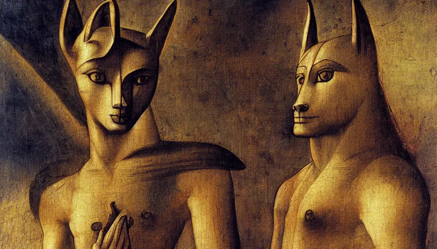 Prompt: anubis by leonardo da vinci, oil painting, classical painting, digital art, vivid colors, sharp focus