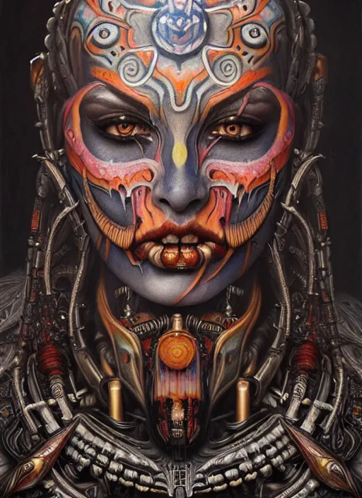 Image similar to hyper detailed masterpiece undead aztec face tattoo warrior by donato giancola and tom bagshaw, face by artgerm and edmund leighton, and h. r. giger, trending on artstation, colorful, psychedelic aesthetic, ornate, background by james jean, 8 k, biomechanical, majestic, volumetric lighting, porcelain skin, concept art, sharp focus