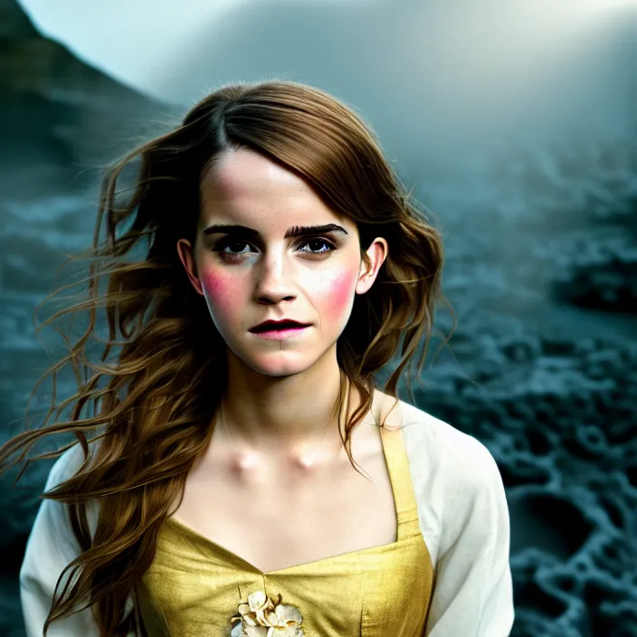 Image similar to Kodak Portra 400, 8K, soft light, volumetric lighting, highly detailed, Rena Nounen style 3/4 ,portrait photo of Emma Watson as Hermione Granger by WLOP, the face emerges from a lava flowing gold travertine terraces with lotus flowers, inspired by Ophelia paint , a beautiful luxurious fully clothed, hair is intricate with highly detailed realistic beautiful flowers , Realistic, Refined, Highly Detailed, ethereal lighting colors scheme, outdoor fine art photography, Hyper realistic, photo realistic, masterpiece