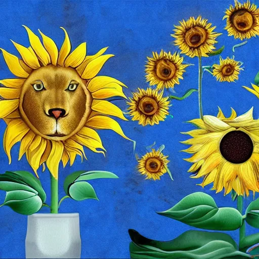 Image similar to lions and sunflowers 🌻🌫 in the style of salvador dali