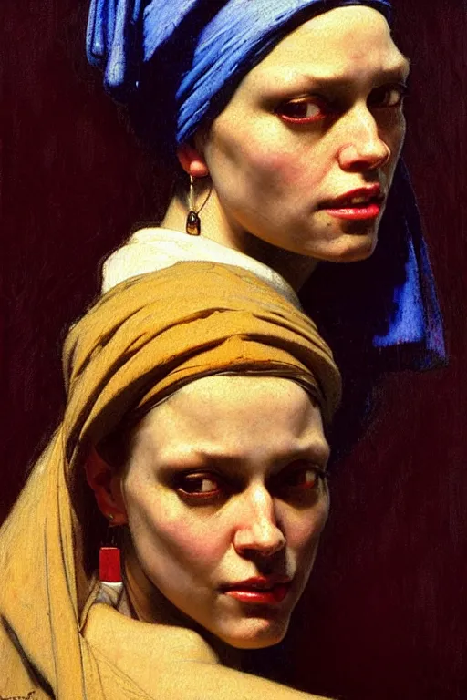 Image similar to full character portrait system shock character not the girl with the pearl earring character design, painting by gaston bussiere, katsuya terada, nc wyeth, greg rutkowski, craig mullins, vermeer, frank frazetta, mucha, tom of finland, trending on artstation, jeffery catherine jones