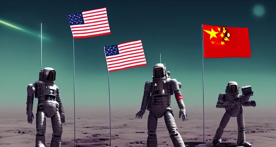 Image similar to space war between china and usa, desaturated, moebius, china flag, usa flag, complementing colors, maschinen krieger, beeple, film, atmospheric perspective