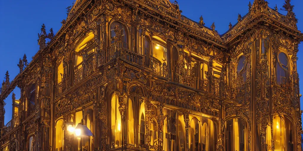 Image similar to extremely detailed ornate stunning sophisticated beautiful elegant victorian museum exterior by Henry Young Darracott Scott and Francis Fowke, stunning volumetric light, stainless steal, concrete, translucent material, beautiful sunset, tail lights