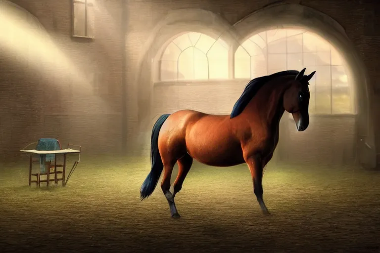 Image similar to A horse attempting to solve a jigsaw puzzle!!!, looking confused, cinematic lighting, evening light, stables, digital painting, volumetric light, concept art, trending on artstation