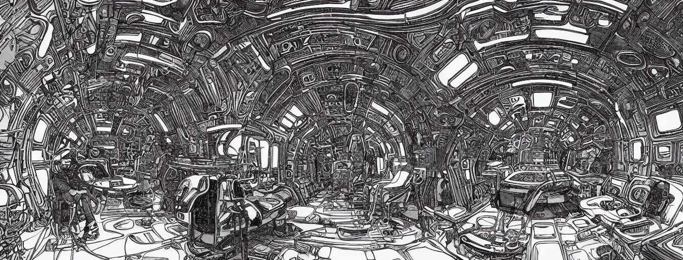 Image similar to cinematic shot of the interior of a sci - fi spaceship made with ornate biomachanical architecture and highly advanced technology, intricate linework, style of jean giraud moebius comic art