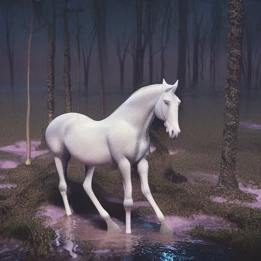 Prompt: resin painting, white horse buried neck deep in the mud of the swamp of sadness. Swampy, matte painting, dark, volumetric lighting, crepuscule, octane render