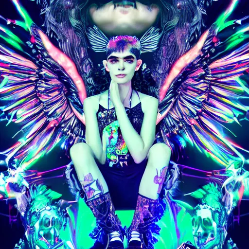 Prompt: a highly detailed symmetric wide shot of Grimes as a fallen angel, sitting in a large glittery hell simulation with skulls and neon computer code, trending on artstationHD