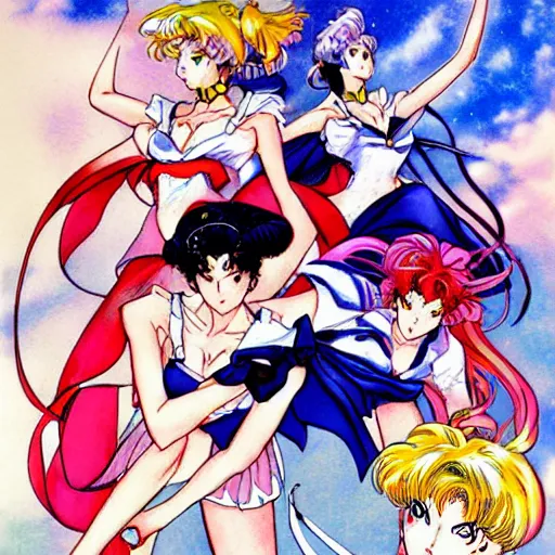 Prompt: sailor moon fighting by yoshiyuki sadamoto, gainax