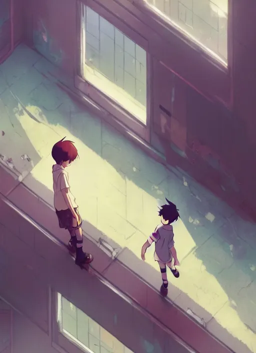 Prompt: boy on ground waving to a pretty girl on the 2 nd floor, illustration concept art anime key visual trending pixiv fanbox by wlop and greg rutkowski and makoto shinkai and studio ghibli