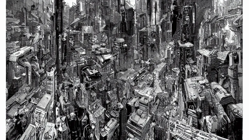 Image similar to a war in cyberpunk city, a clean line drawing, sketching, art by kim jung gi, karl kopinski,