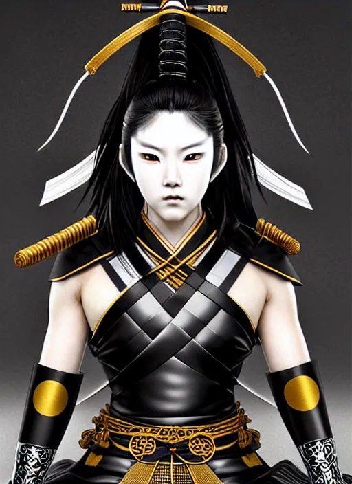 Image similar to beautiful samurai warrior woman only, manga style only, black white and gold colors only, symmetrical face and full body, demonic, cinematic, powerful, super detailed and intricate, hyper realistic, 4 k render, by artgerm, by kyoung hwan kim, by ralph mcquarrie, by yoshiyuki tomino