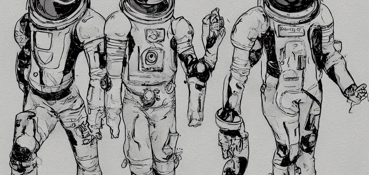 Image similar to male, full body, space suit with a modern helmet, large shoulders, short torso, long thin legs, tiny feet, character sheet, science fiction, very stylized character design, cartoon proportions, pen and ink, digital painting, watercolor wash, by mike mignola, by alex maleev, jean giraud