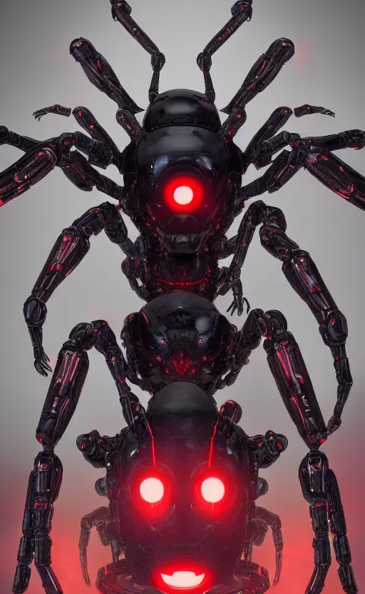 Image similar to a robot humanoid spider with 4 arms with claws, glowing red eyes, in a black carbon and red fiber armor, smiling creepily, dynamic lighting, photorealistic fantasy concept art, trending on art station, stunning visuals, creative, cinematic, ultra detailed