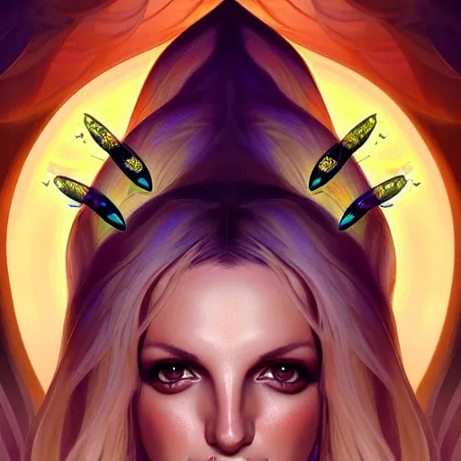Image similar to symmetry portrait of britney spears, glam, deco, fireflies, forest background, intricate, elegant, highly detailed, digital painting, artstation, concept art, smooth, sharp focus, illustration, art by artgerm and greg rutkowski and fra angelico and alphons mucha