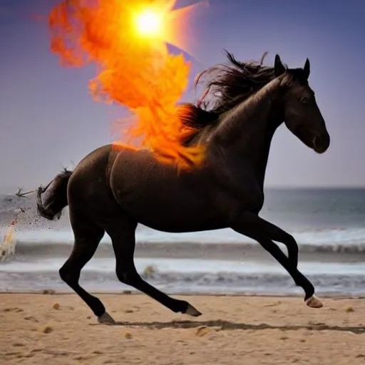 Image similar to an arabian black horse running in front of a sea, wind in its mane, on the beach, the sun is exploding, smoke everywhere