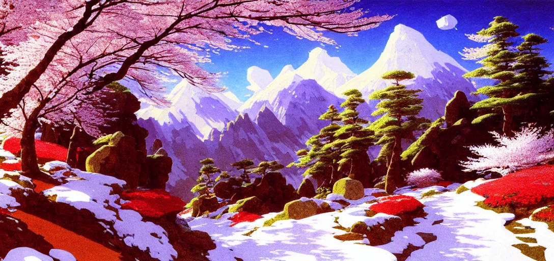 Prompt: ghibli illustrated background of a trail leading through a strikingly beautiful snowy landform with strange rock formations and red water, and cherry blossoms by vasily polenov, eugene von guerard, ivan shishkin, albert edelfelt, john singer sargent, albert bierstadt 4 k