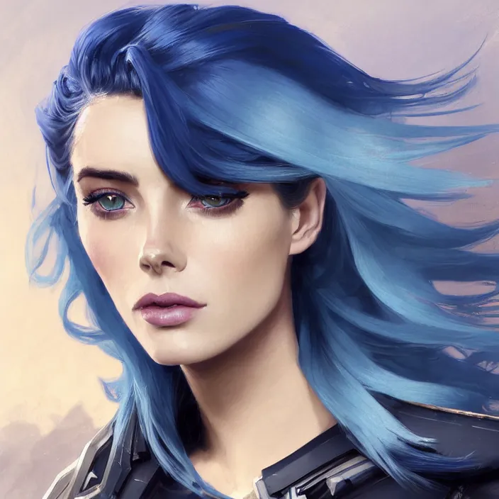 Image similar to portrait of a combination of Ashley Greene, Adriana Dxim, Grace Kelly and Lily Collins with blue hair wearing Warframe armor, countryside, calm, fantasy character portrait, dynamic pose, above view, sunny day, thunder clouds in the sky, artwork by Jeremy Lipkin and Giuseppe Dangelico Pino and Michael Garmash and Rob Rey and Greg Manchess and Huang Guangjian, very coherent asymmetrical artwork, sharp edges, perfect face, simple form, 100mm