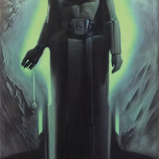 Prompt: full length portrait of 1 9 4 0 s sci - fi pilot eldrad, vibrant volumetric dark natural light, dark enlightenment, ink drawing, oil on canvas, by zdzislaw beksinski, jack kirby, tom lovell, alex malveda, greg staples