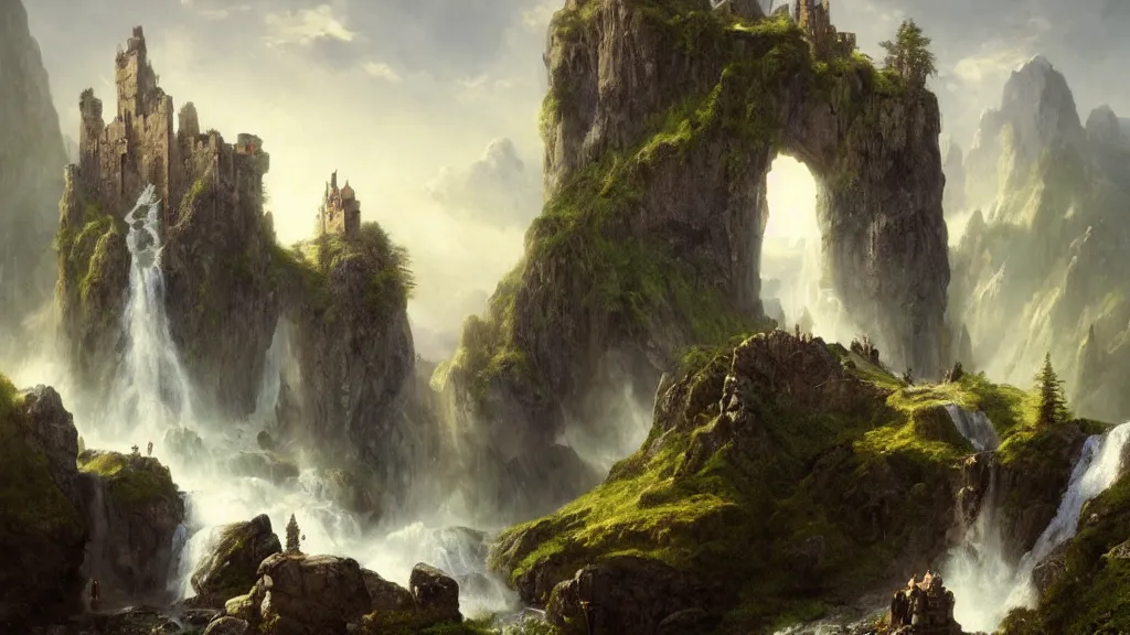 Image similar to elven stone castle above the great alpine waterfall. andreas achenbach, artgerm, mikko lagerstedt, zack snyder, tokujin yoshioka