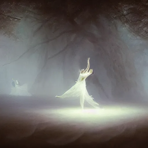 Image similar to the moonlit dance of the fae, dancers in white, the moonlit dance by marcel caram and elena vizerskaya and ( ivan aivazovsky ), impresion de giclee arte abstracto, fantasy space, 8 k, award winning, atmospheric, artstation, surreal, abstract, volumetric lighting