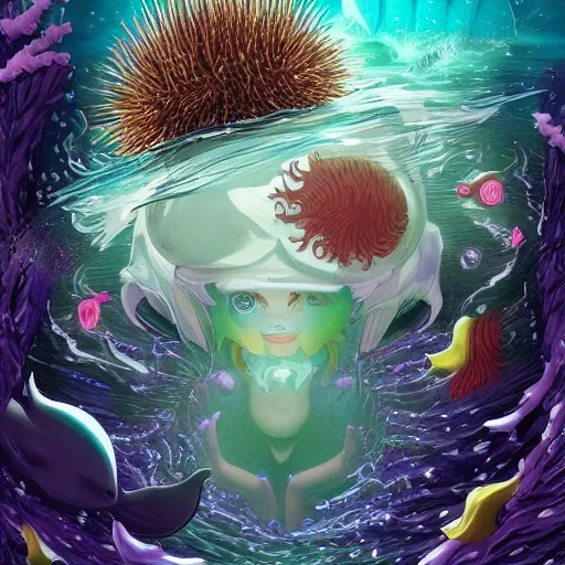 Prompt: portrait of the The terrifying Ocean Mage Vivi Mage Wearing an urchin suit whilst disguised as a dolphin Under the sea uta natsume Mark Riddick Alexey Egorov akira toriyama Inio Asano sui ishida