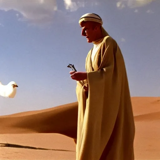 Image similar to a film still of big bird in lawrence of arabia ( 1 9 6 2 ) technicolor