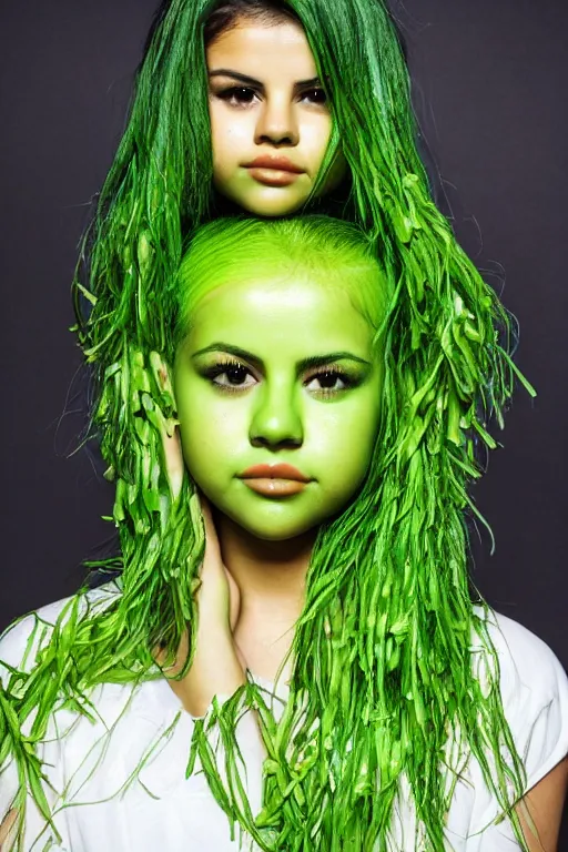 Image similar to selena gomez made out of celery, a human face with celery for hair, a bunch of celery sitting on a cutting board, professional food photography, selena gomez wearing green body paint