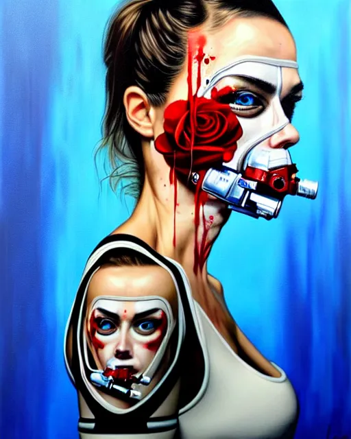 Image similar to portrait of a spy wearing oxygen mask, has blood, rose, a pistol and a syringe needle with sea background intricate details with horror side profile by Sandra Chevrier