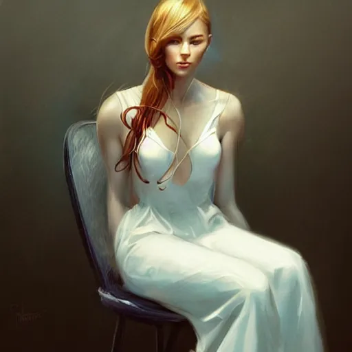 Prompt: a beautiful woman tied to a chair with spaghetti, painting by Charlie Bowater and artgerm