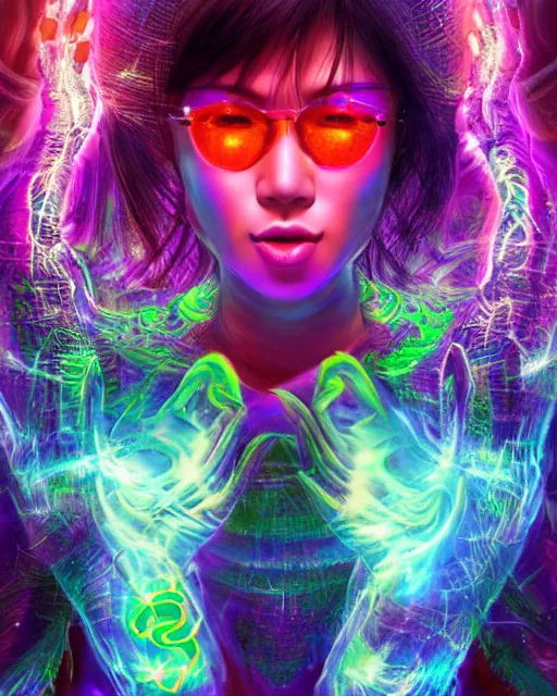 Image similar to a powerful energy psychedelic matrix asian woman, by alexander fedosav, hyper detailed digital matte painting, concept art, hyperrealism, 1 6 k resolution, cinema 4 d, 8 k resolution, trending on artstation, behance hd, a masterpiece, by stephan martiniere, particles, cel - shaded, power bright neon energy, by david a. hardy