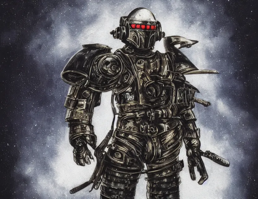 Image similar to a detailed portrait painting of a lone bounty hunter wearing combat armour and a reflective visor. Head and chest only. Dieselpunk elements. Movie scene, cinematic sci-fi scene. Flight suit, cloth and metal, accurate anatomy. Samurai influence, knight influence. fencing armour. portrait symmetrical and science fiction theme with lightning, aurora lighting. clouds and stars. Atmospheric. Clean design, smooth oil paint. Futurism by beksinski carl spitzweg moebius and tuomas korpi. baroque elements. baroque element. intricate artwork by caravaggio. Oil painting. Trending on artstation. 8k