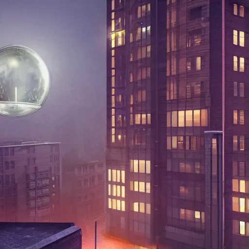 Prompt: apartment in an old Soviet panel building on the top floor, a depressing cityscape and a glowing sphere hovering in the sky, realistic rendering, warm dim lighting by Makoto Sinkai