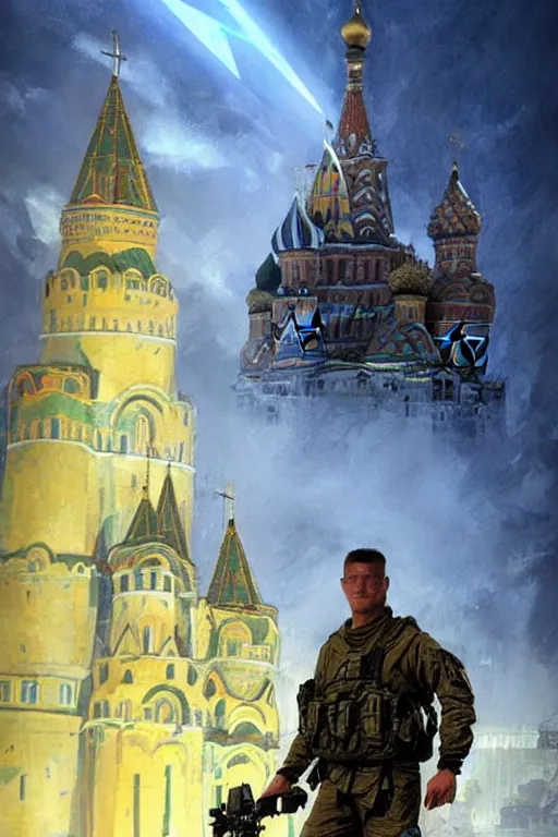 Image similar to special forces soldier raising ukrainian blue and yellow flag, kremlin st. basil cathedral in the background, masculine figure, d & d, fantasy, bright atmosphere, volumetric lights, intricate, elegant, extremely detailed, digital painting, artstation, concept art, matte, smooth, sharp focus, hyper realistic, illustration, art by artgerm and greg rutkowski and alphonse mucha