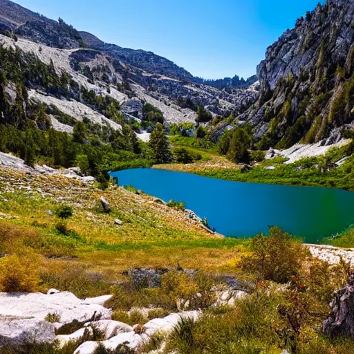 Prompt: beautiful lake in a valley in the sierra nevada mountains