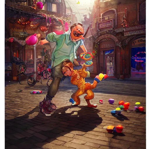 Image similar to a churro dancing away from a chubby kid that's trying to eat it at a carnival, an ultrafine hyperdetailed illustration by kim jung gi, irakli nadar, intricate linework, bright colors, octopath traveler, final fantasy, unreal engine 5 highly rendered, global illumination, radiant light, detailed and intricate environment