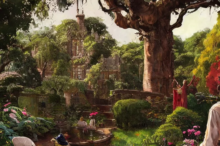 Prompt: illustration of elegant black woman watching spacecraft land in garden of stately home, flowers, baobab trees, distant town in valley and hills, by norman rockwell, jack kirby, john berkey, bergey, craig mullins, ruan jia, raymond swanland, jeremy mann, beksinski, tom lovell, alex malveda, schomburg