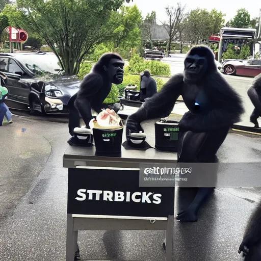 Prompt: newswire photo of the first gorillas working at a busy starbucks