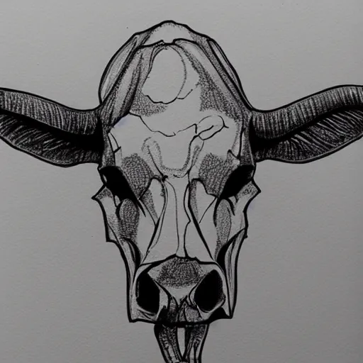 Image similar to a black pen sketch of a cow skull, beginner, intermediate art, anatomy, paper art